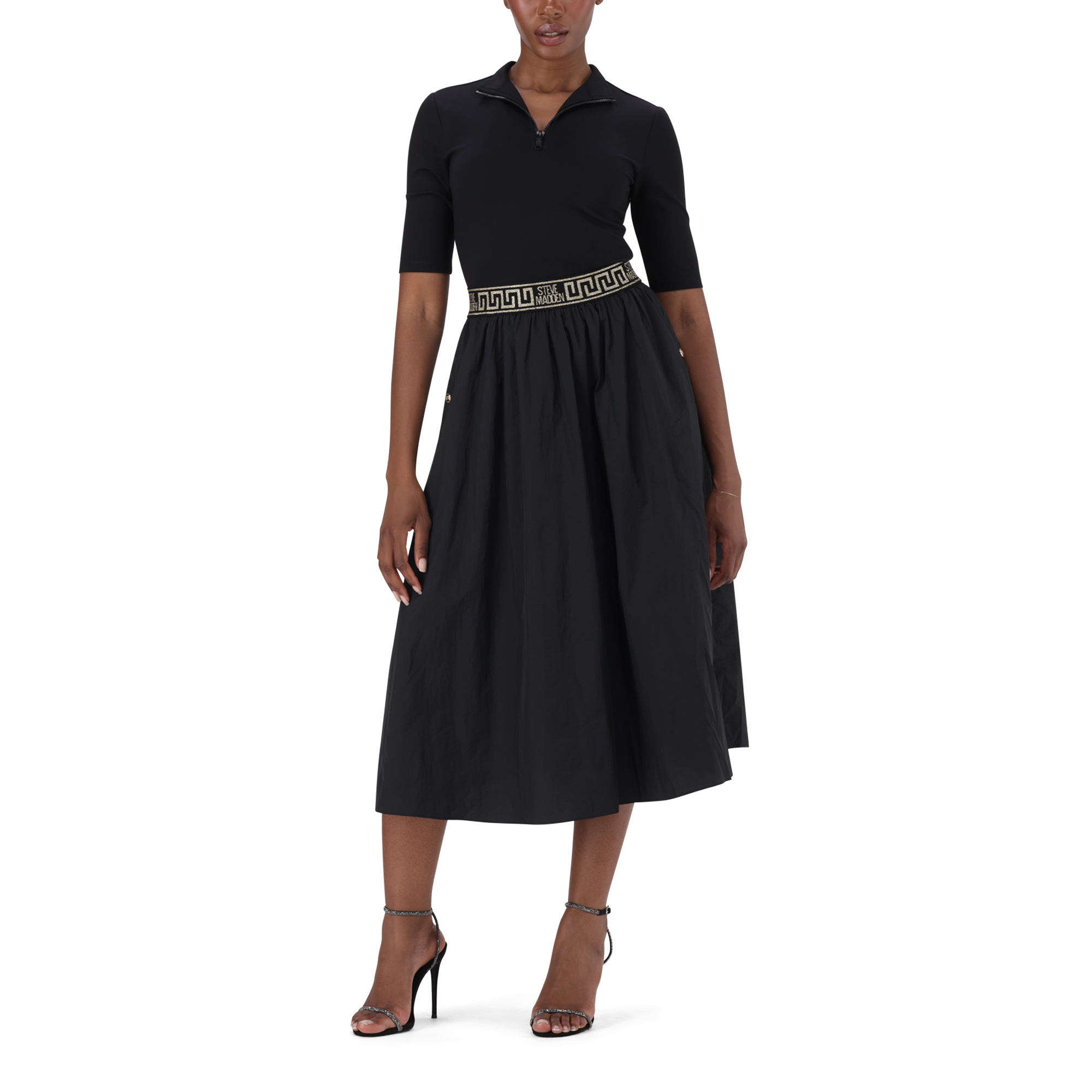 INDIA BLACK FIT & FLARE 1/4 ZIP MIDI DRESS