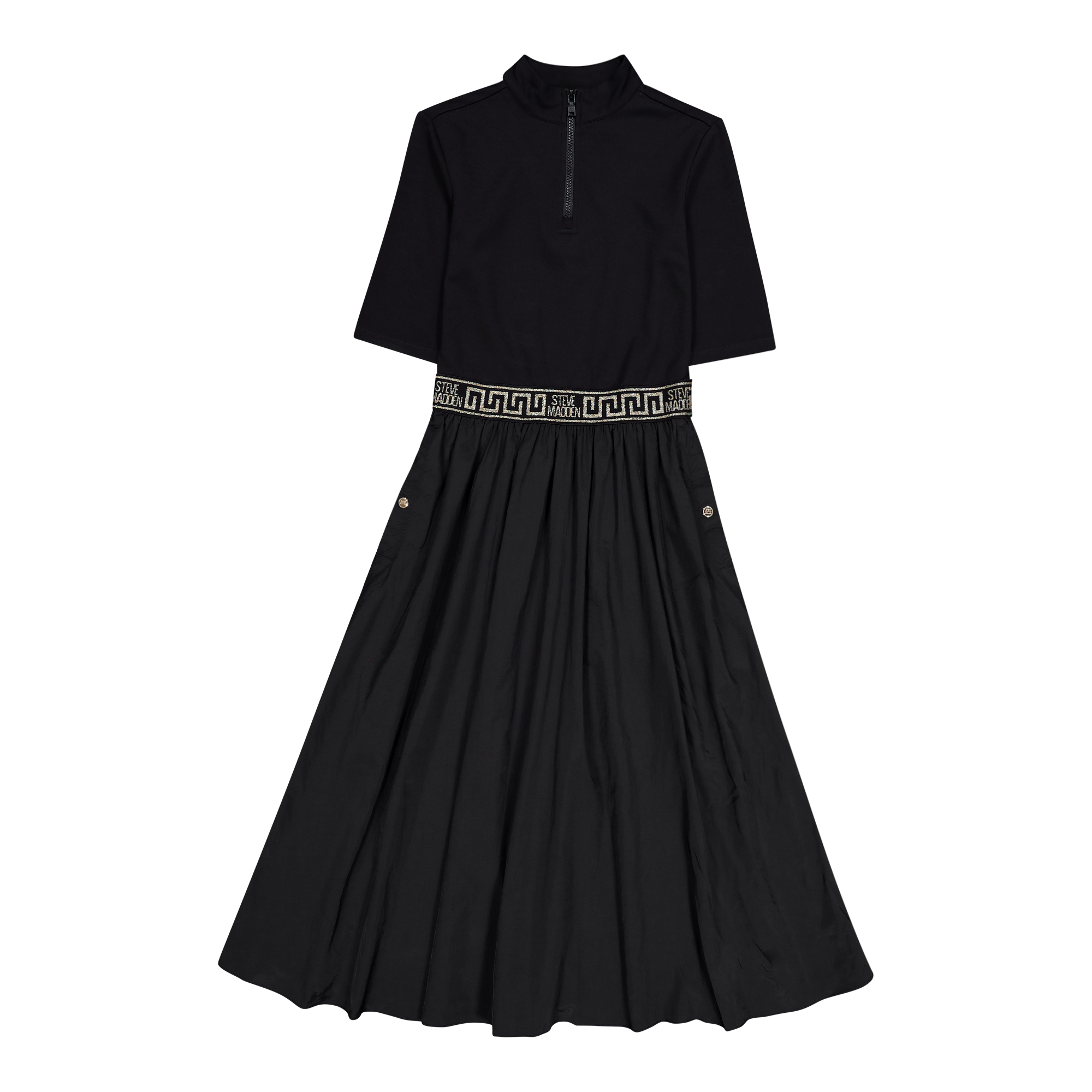 INDIA BLACK FIT & FLARE 1/4 ZIP MIDI DRESS