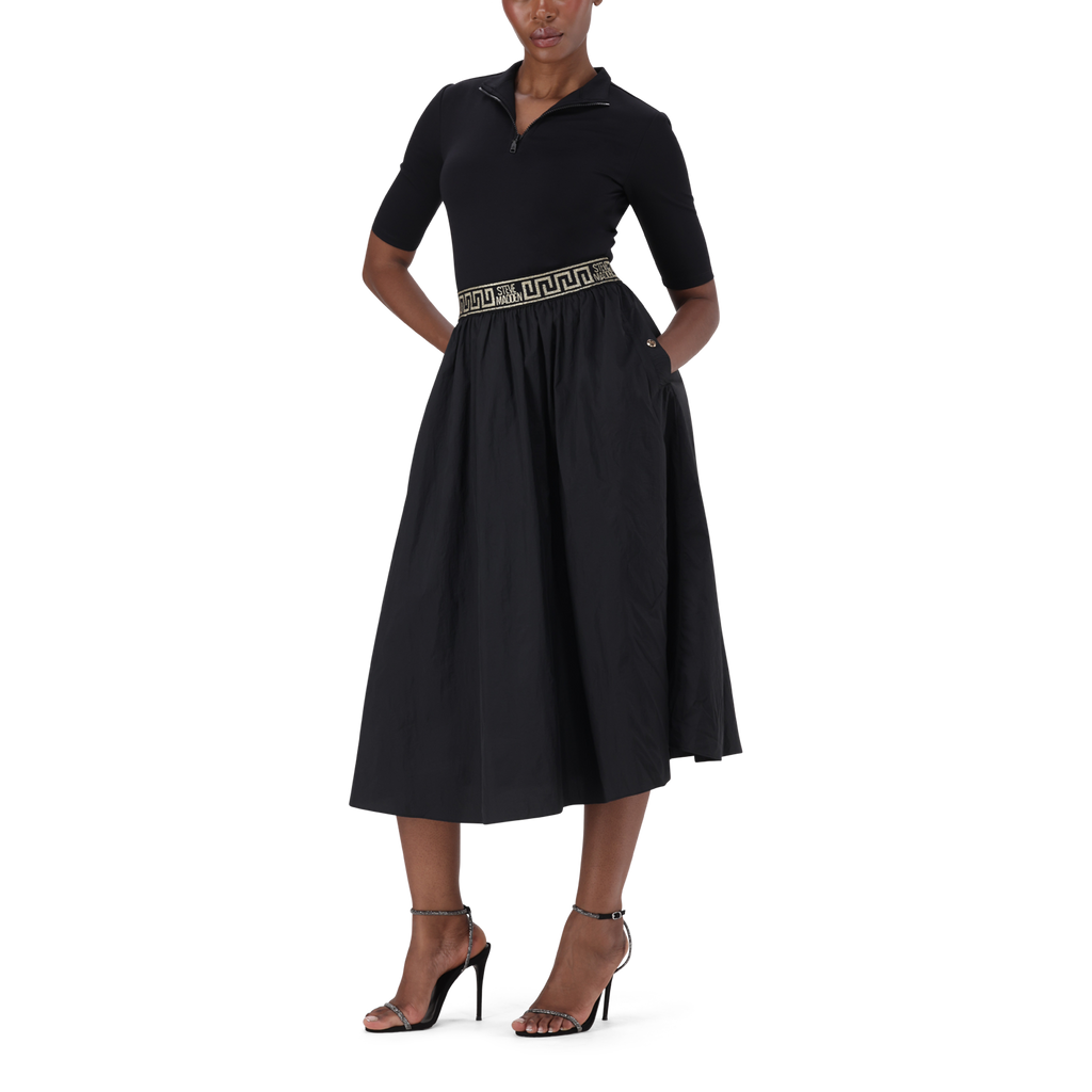 INDIA BLACK FIT & FLARE 1/4 ZIP MIDI DRESS