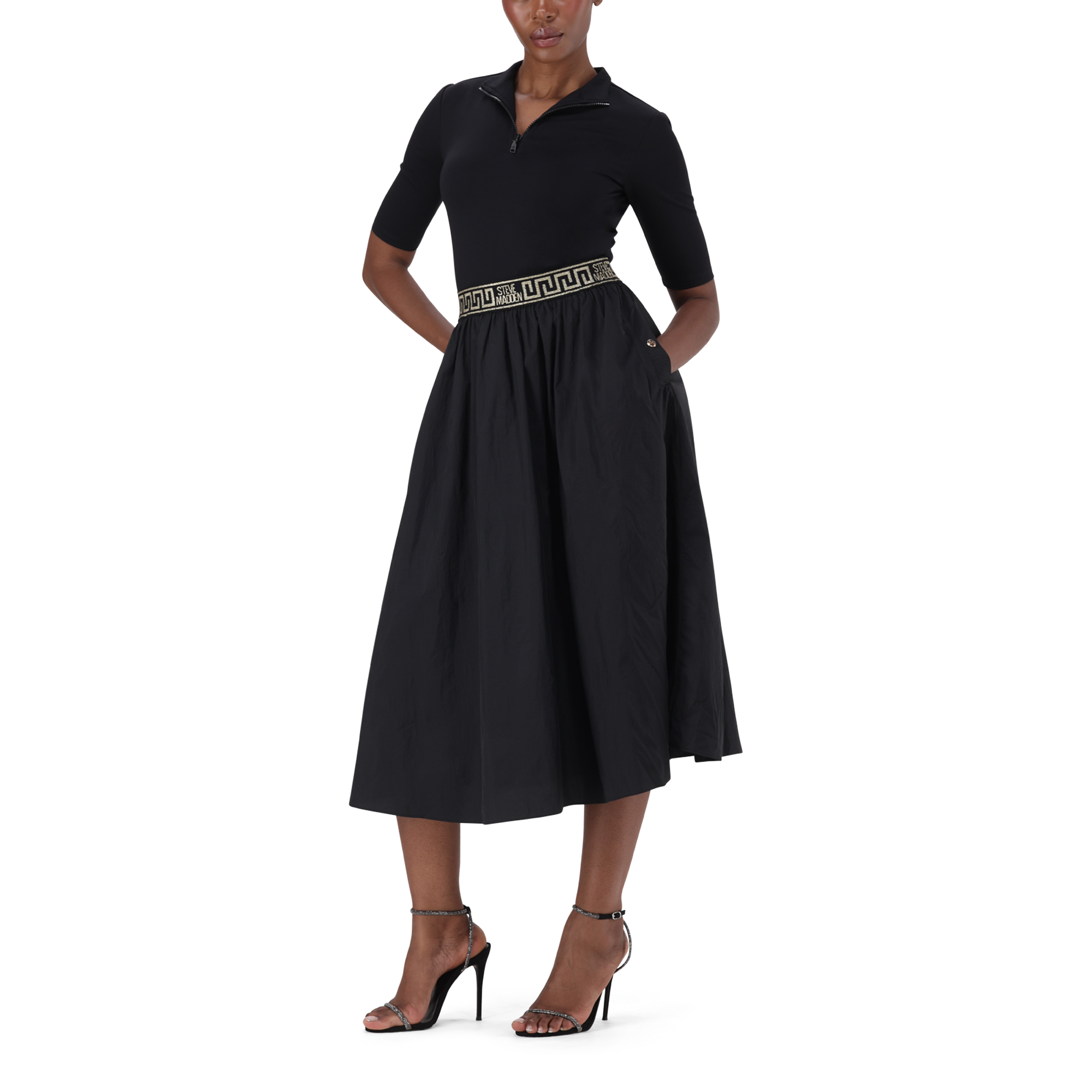 INDIA BLACK FIT & FLARE 1/4 ZIP MIDI DRESS