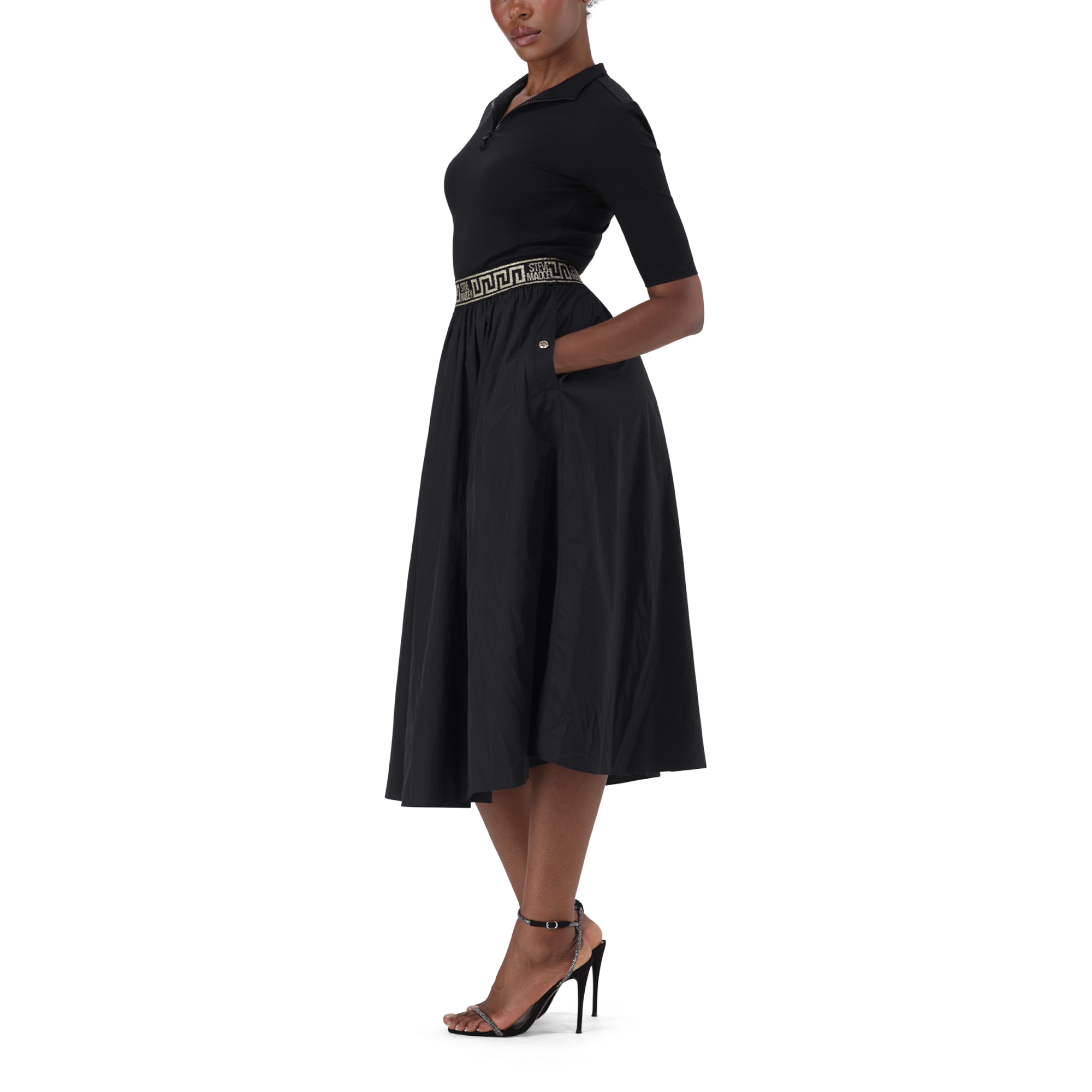 INDIA BLACK FIT & FLARE 1/4 ZIP MIDI DRESS