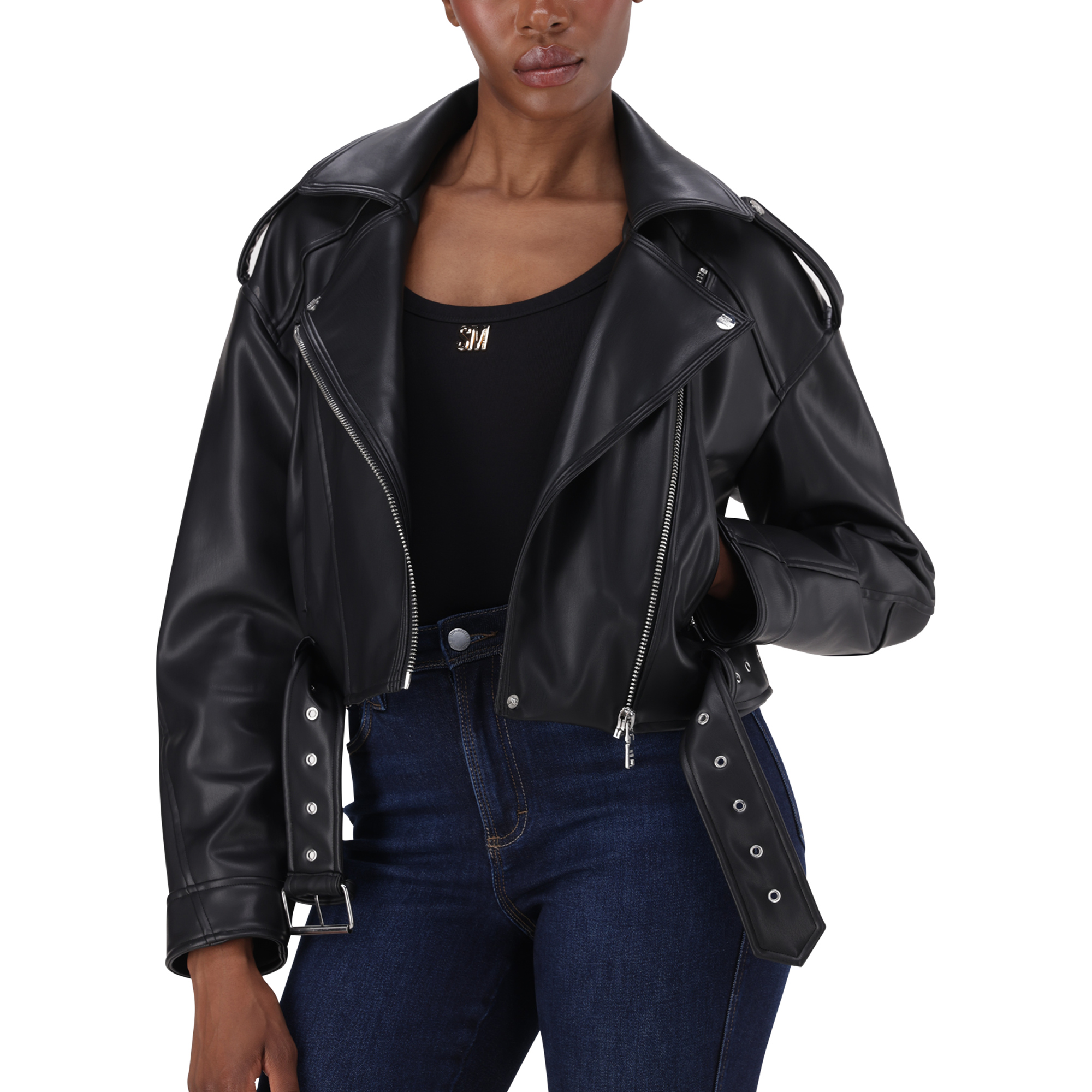 LAURA BLACK VEGAN LEATHER BIKER JACKET