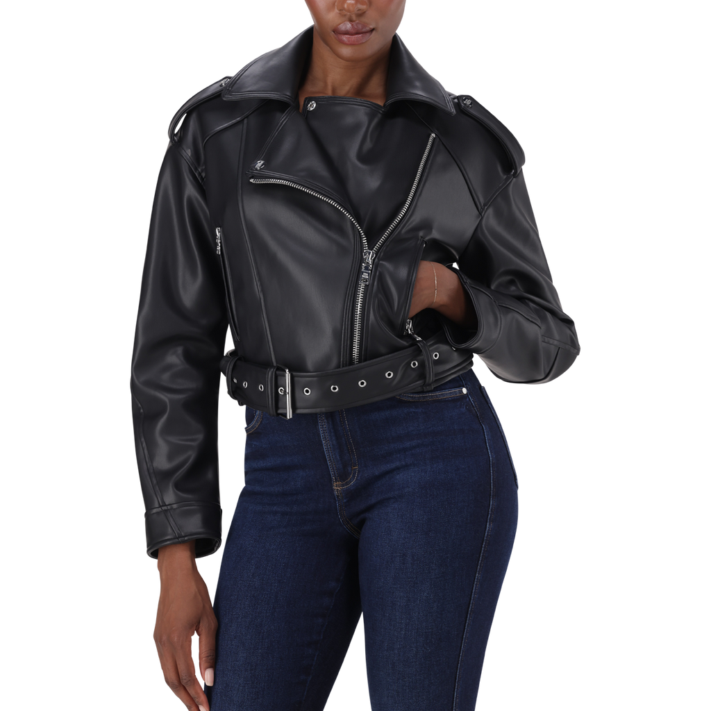LAURA BLACK VEGAN LEATHER BIKER JACKET