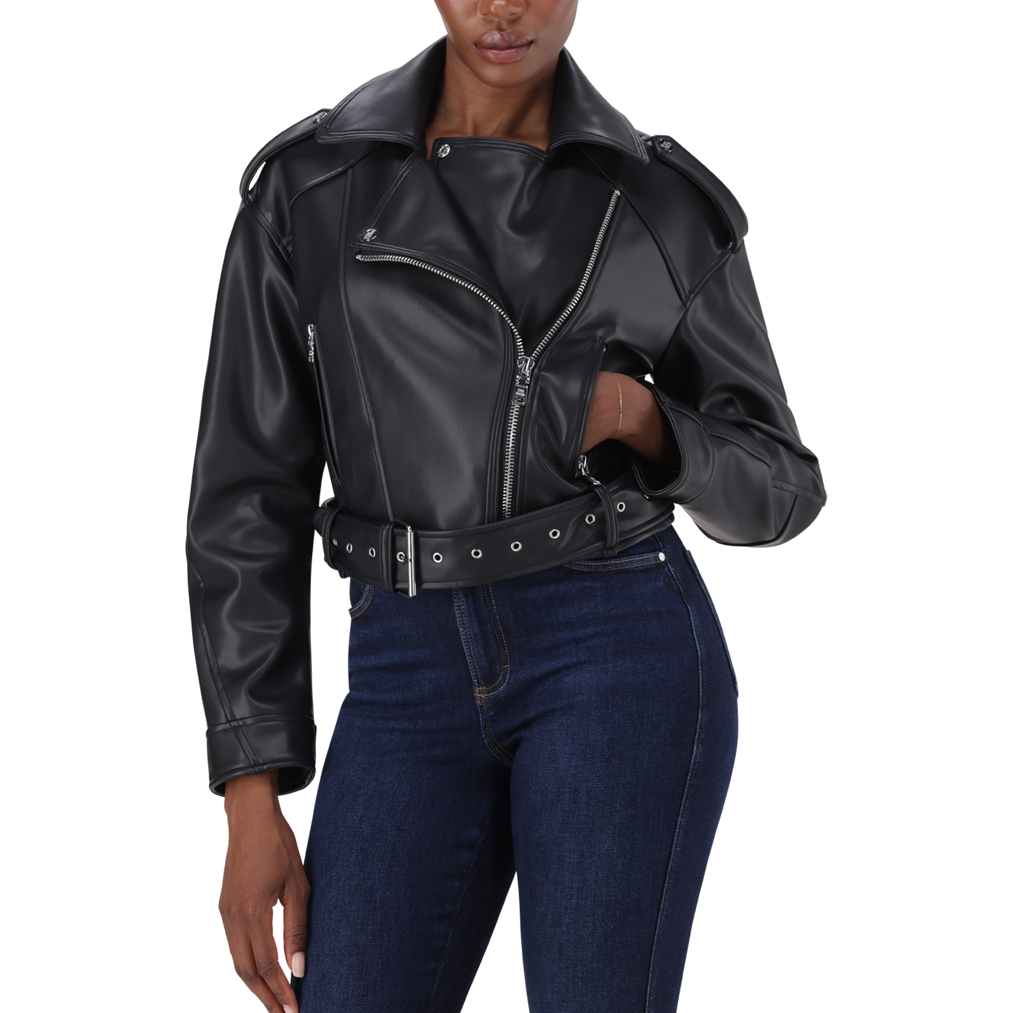 LAURA BLACK VEGAN LEATHER BIKER JACKET