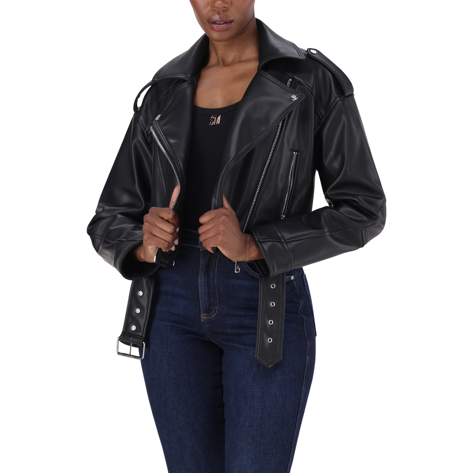 LAURA BLACK VEGAN LEATHER BIKER JACKET