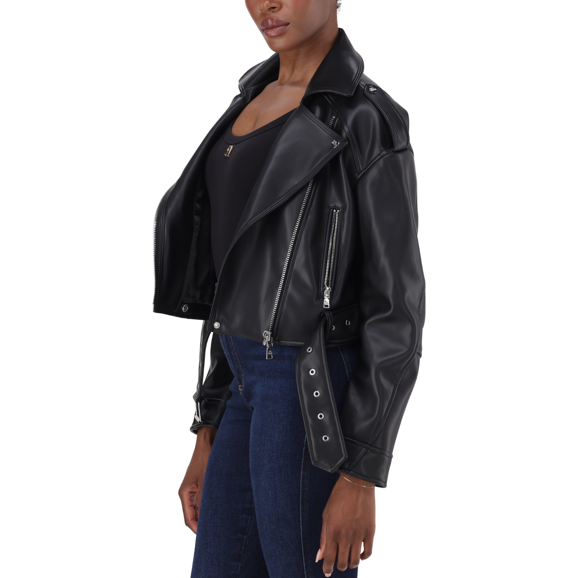 LAURA BLACK VEGAN LEATHER BIKER JACKET