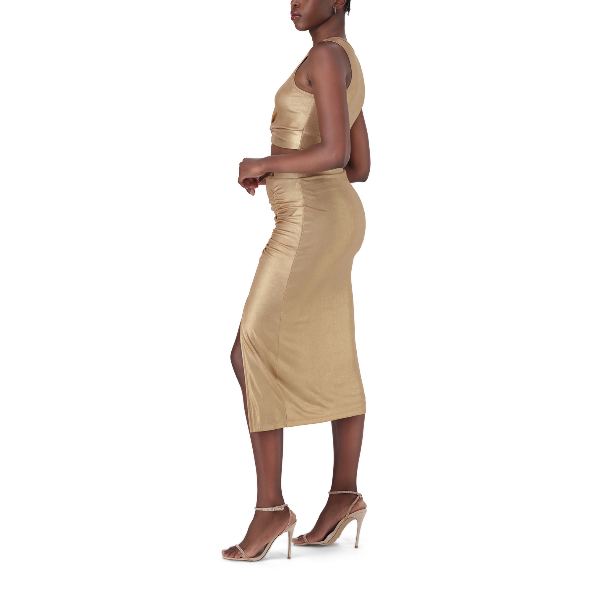OPAL GOLD METALLIC BODYCON MIDI SKIRT